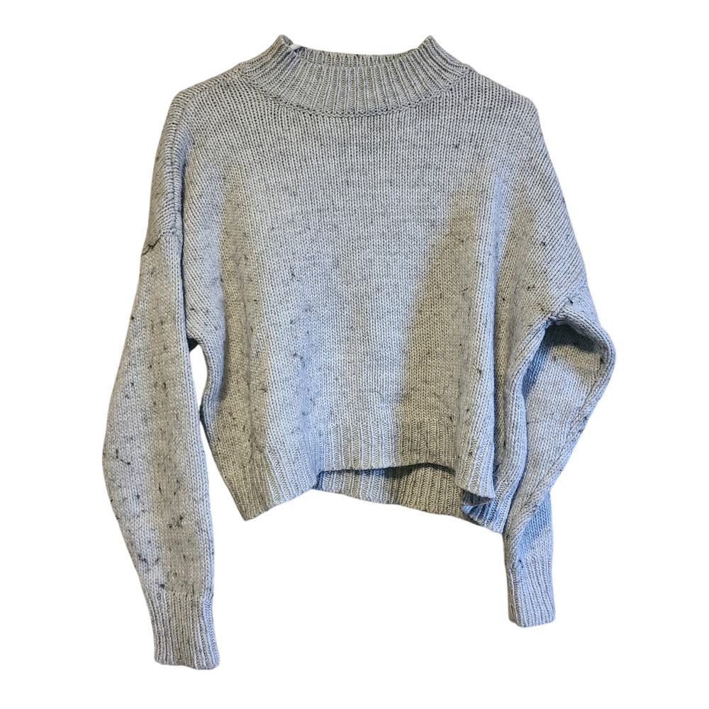Lucky Brand Crop Knit Sweater Womens L Wool Blend Speckled Gray Boxy Fit Minimal